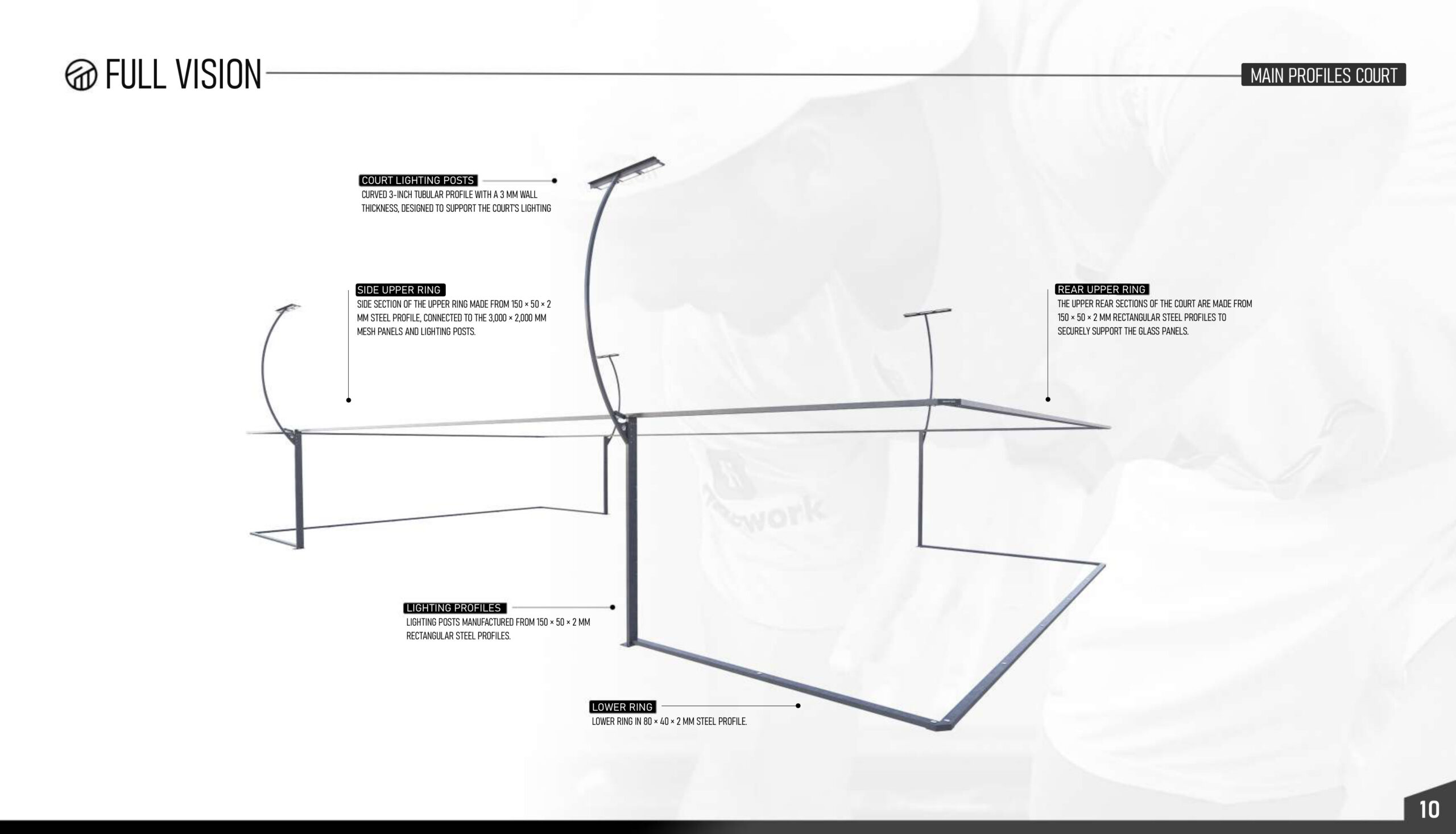 Full Vision padel court main steel profiles: curved lighting posts, upper and lower rings