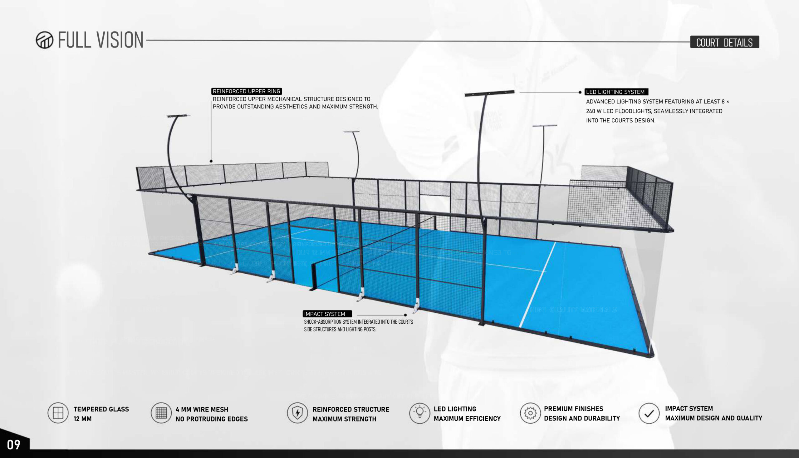 Full Vision padel court details: 12 mm tempered glass, 4 mm wire mesh, LED lighting and impact system
