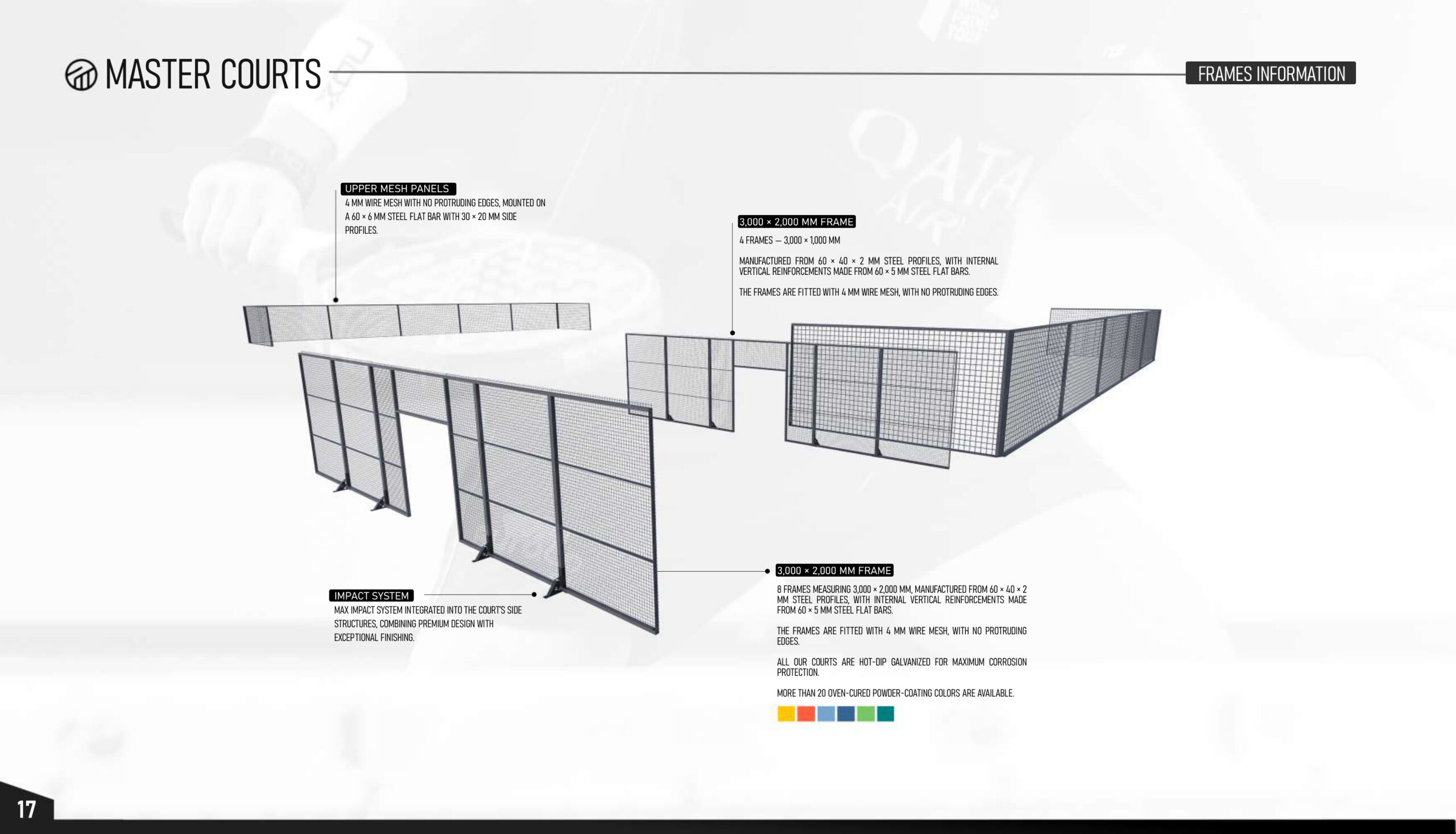 Hot-dip galvanized steel padel court frames with 4 mm wire mesh and powder coating colors