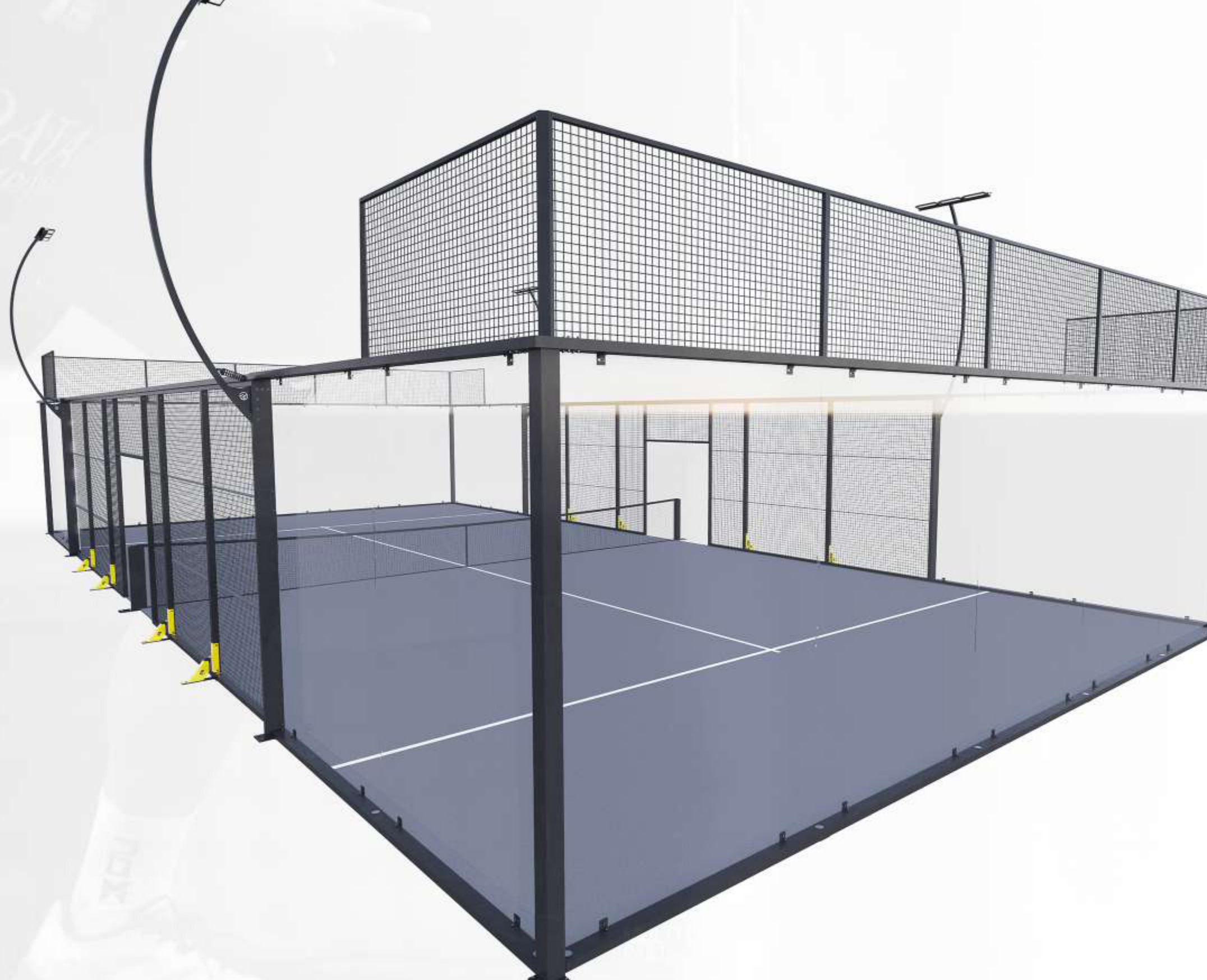 Panoramic padel court with gray turf and curved LED lighting posts
