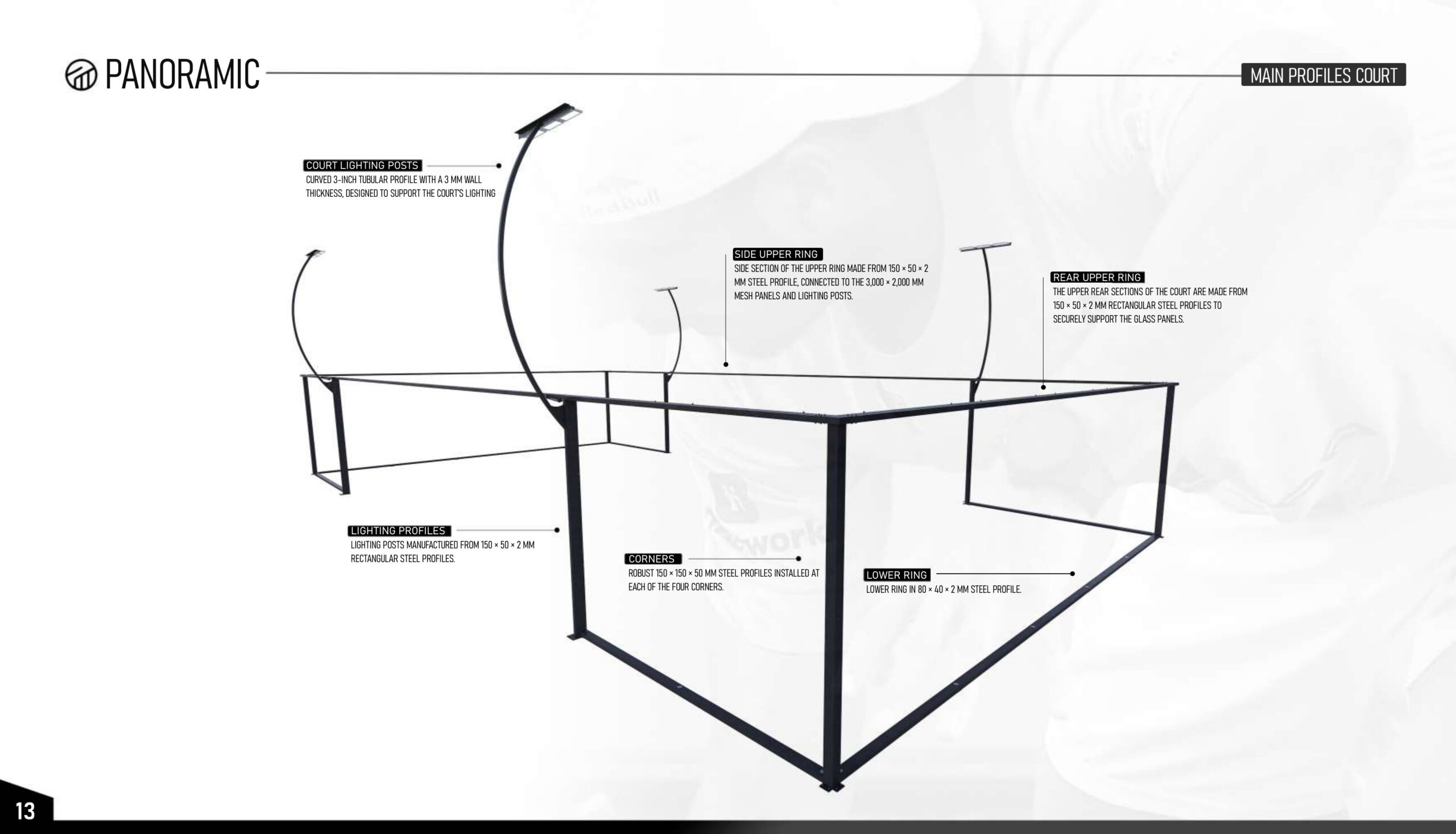Panoramic padel court main steel profiles with 150 x 150 mm corners