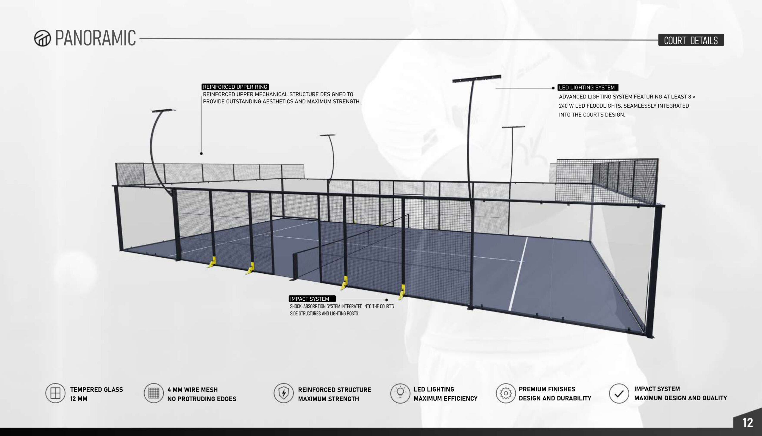 Panoramic padel court details: reinforced upper ring, 12 mm glass, LED floodlights and impact system